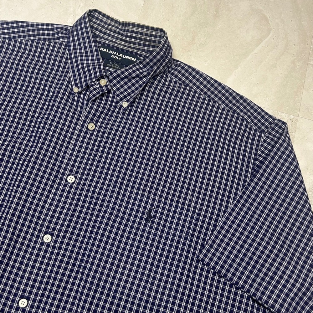 Ralph Lauren Golf Tilden Shirt Navy Blue Checkered Mens XL Short Sleeve Cotton